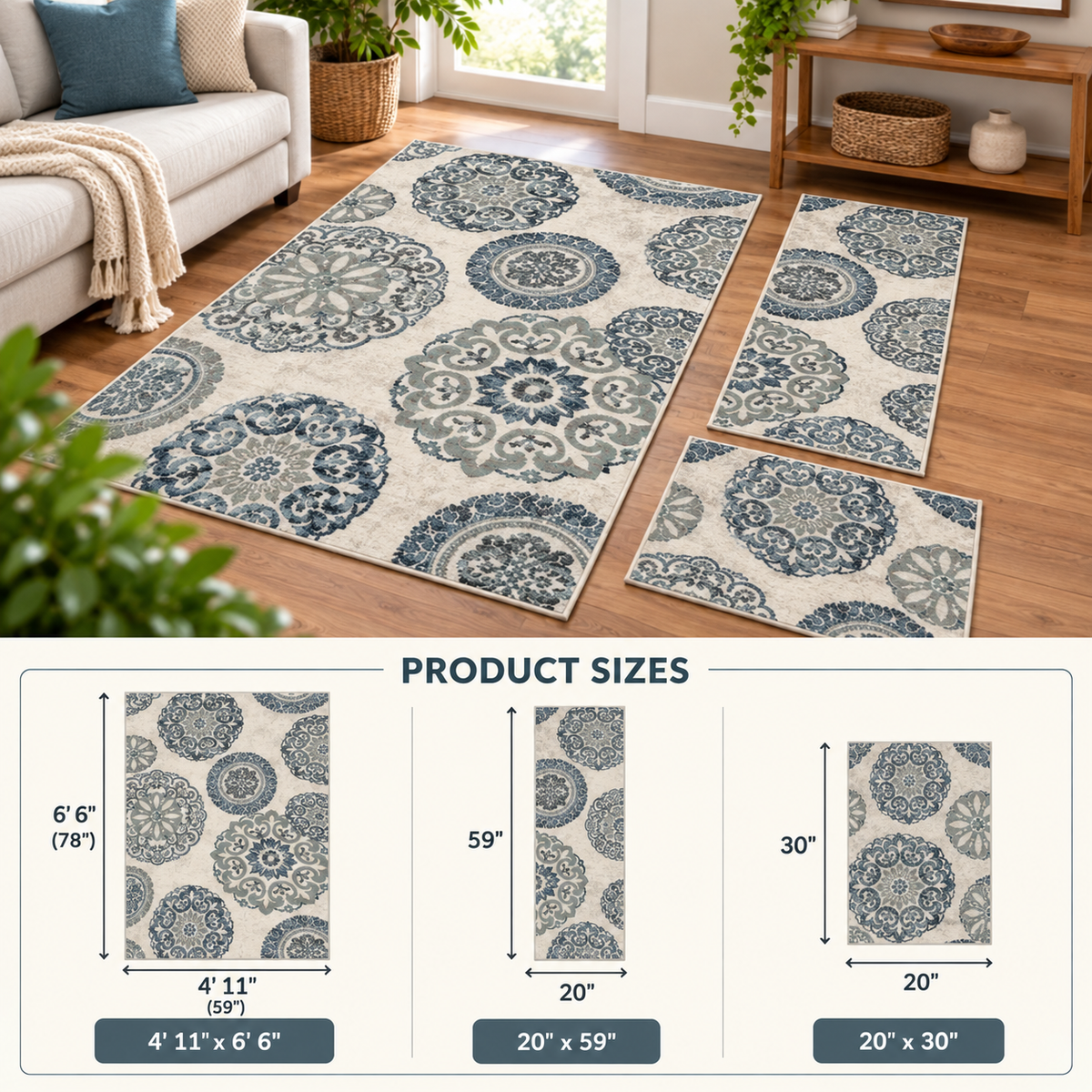 3-Piece Teal Medallion Rug Set
