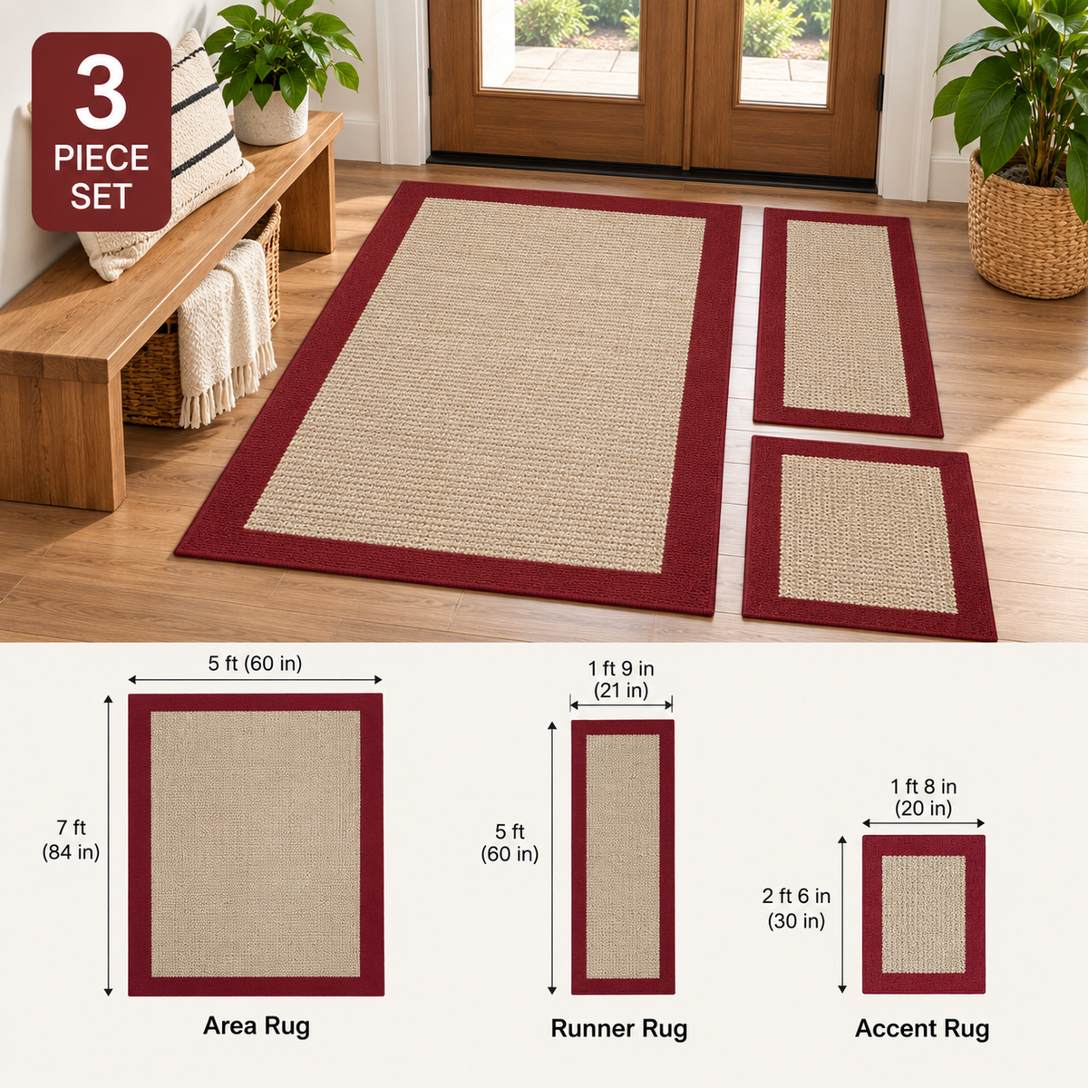 3-Piece Red Border Area Rug Set