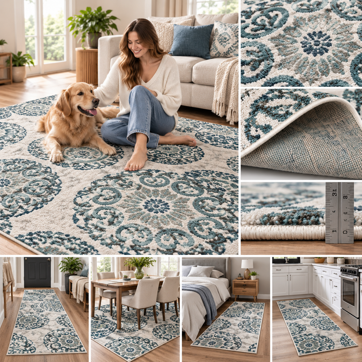 3-Piece Teal Medallion Rug Set